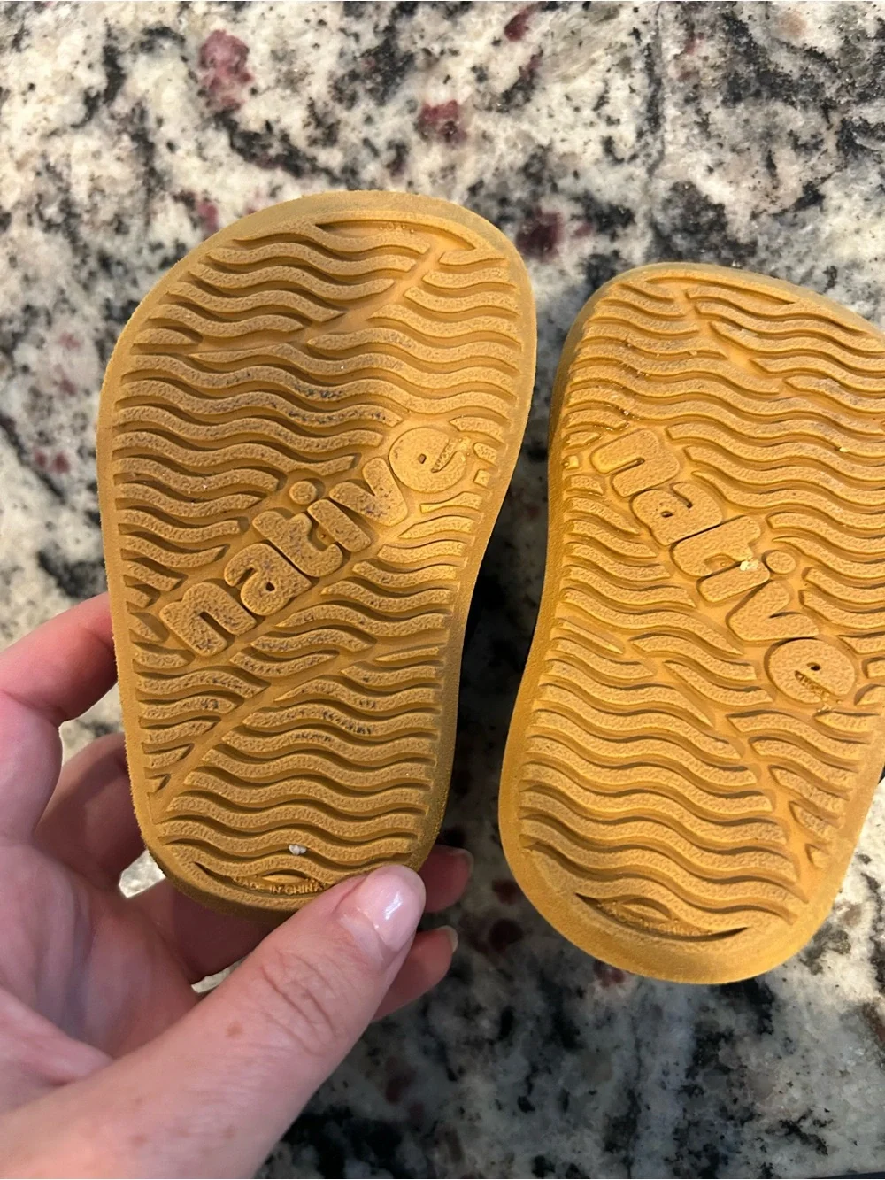 Native Navy Blue Kids Sandals with White Footbed and Tan Outsole